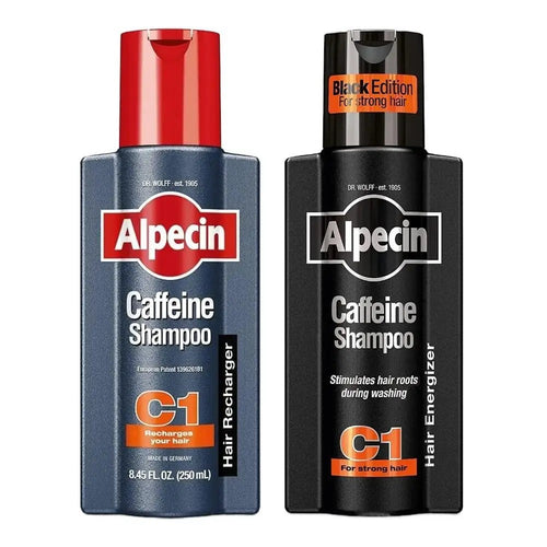 therootsolution Alpecin C1 Caffeine Shampoo duo set for hair growth and scalp stimulation in blue and black bottles.