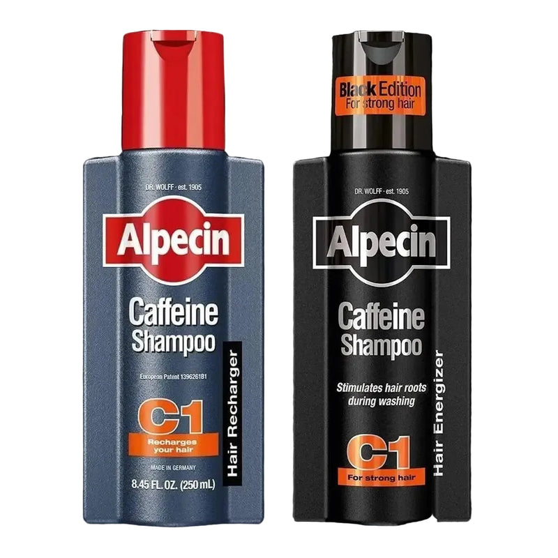therootsolution Alpecin C1 Caffeine Shampoo duo set for hair growth and scalp stimulation in blue and black bottles.