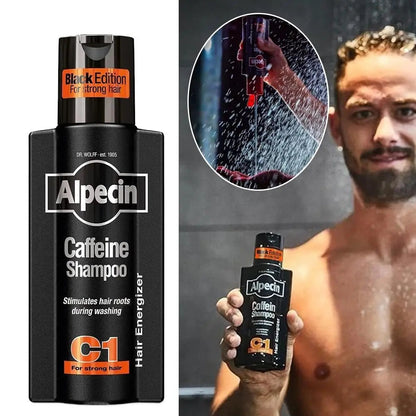 therootsolution Alpecin Caffeine Shampoo Black Edition for hair loss held by a man in a shower