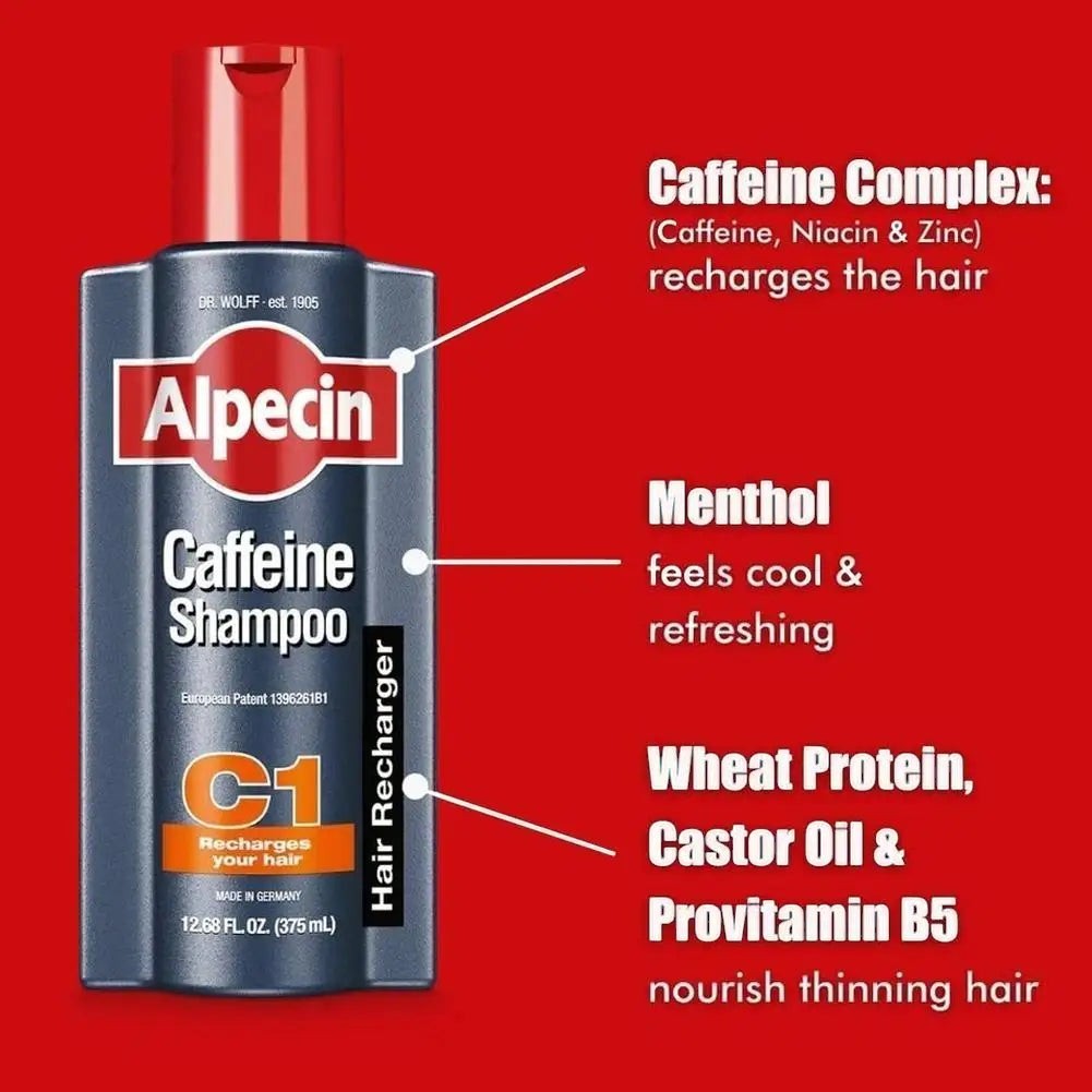 therootsolution Alpecin C1 caffeine anti-hair loss shampoo bottle with ingredient benefits listed on a red background.