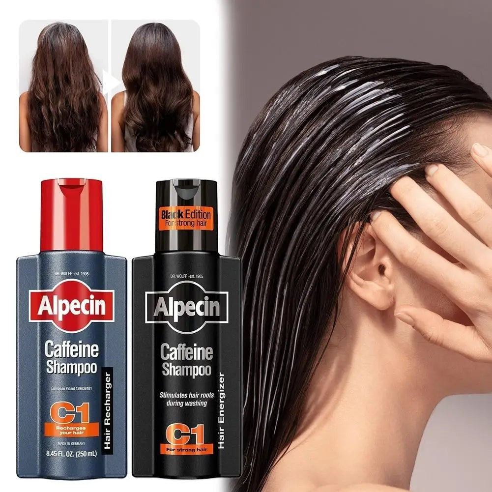 therootsolution Caffeine Anti-Hair Loss Shampoo bottles with before and after hair growth results and scalp application